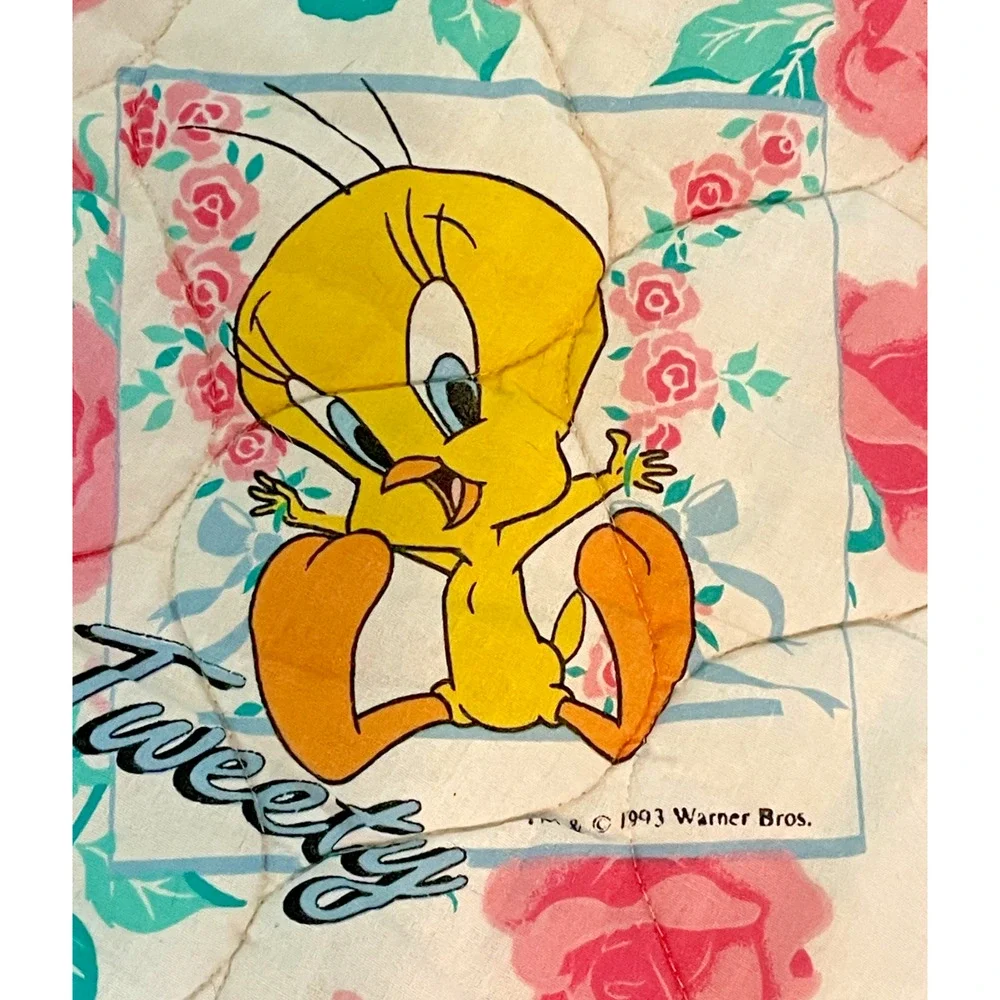 1993 Vtg Warner Bros Baby Looney Tunes Tweety Roses Gerber Blanket 50 x 39 in